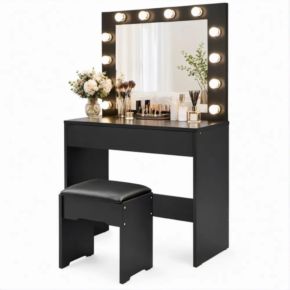 Toucador Preto em MDF com Espelho Iluminado, Gaveta e Banco, 80 x 40 x 140 cm