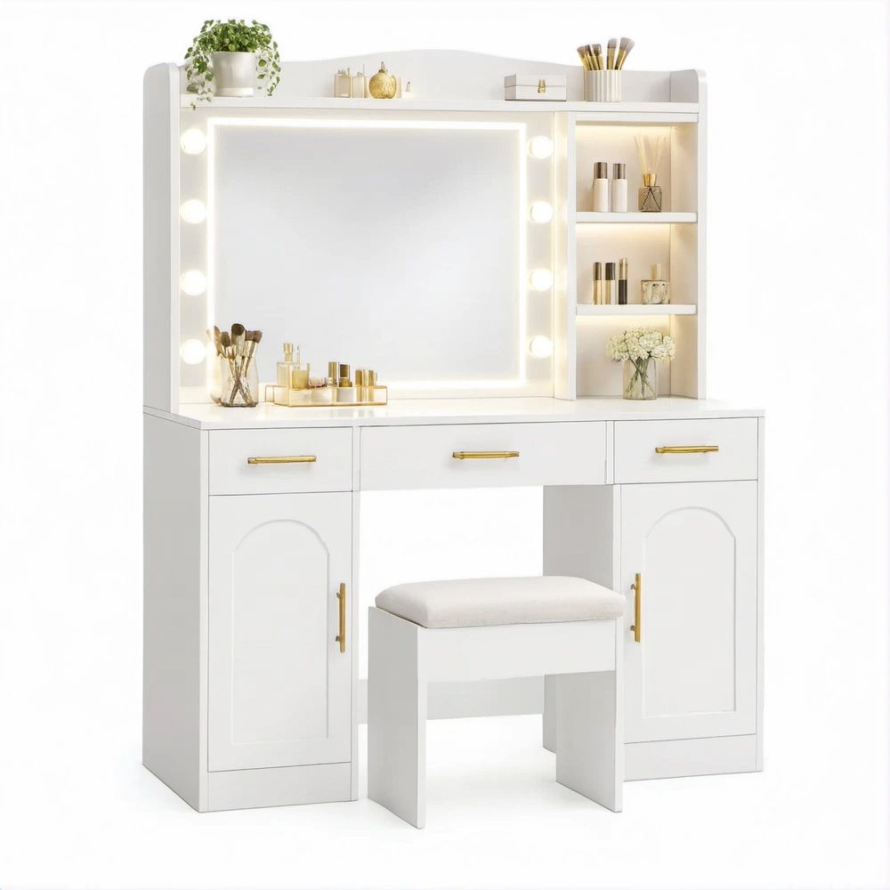 Toucador Branco e Dourado com Espelho LED, Arrumação Lateral e Banco 120 x 40 x 150 cm