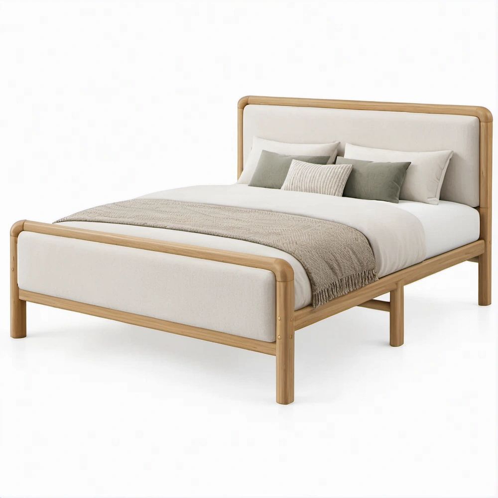 Cama de Casal Estofada em Carvalho Natural e Bege 210 x 170 x 105 cm para Colchão 160 x 200 cm