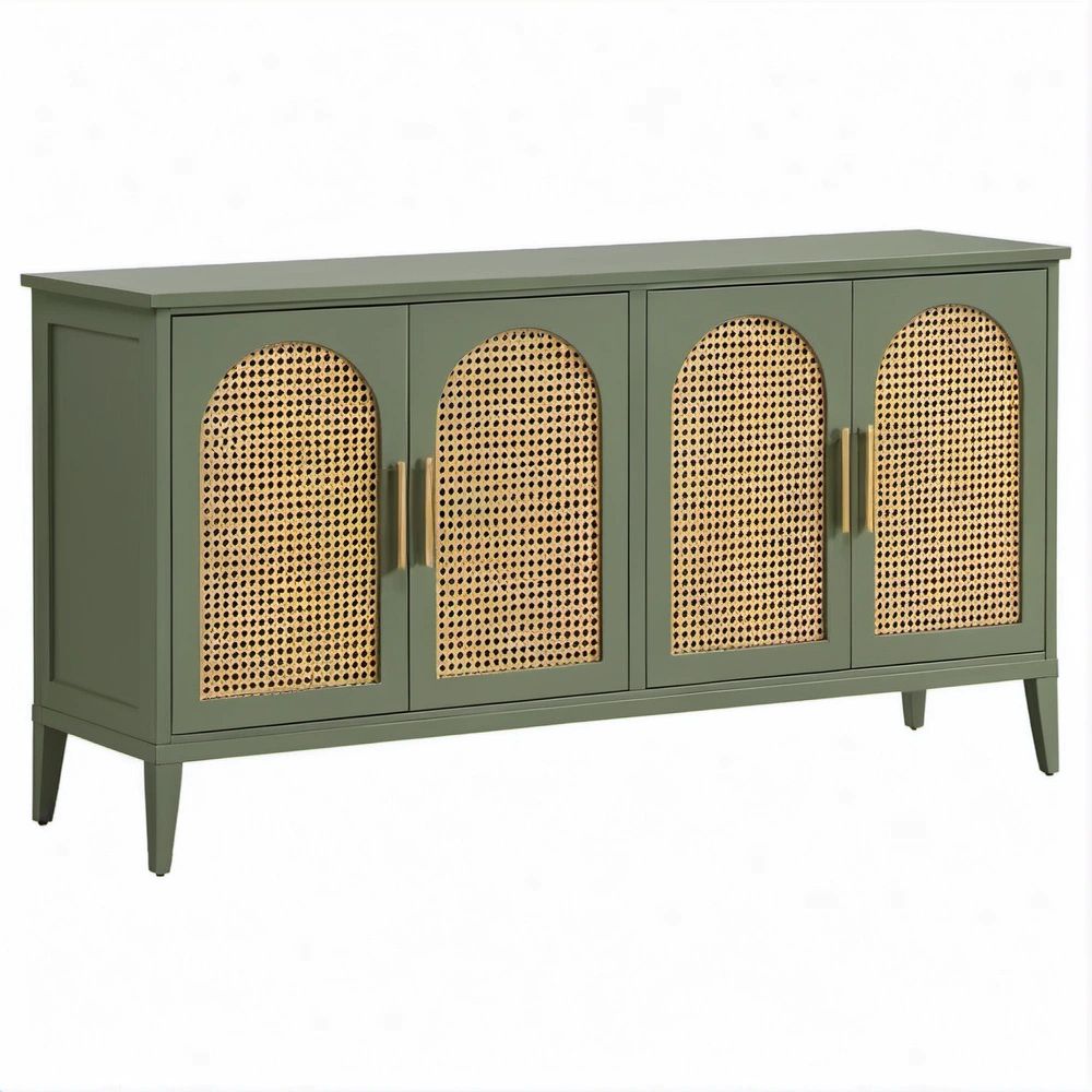 Aparador Verde-Azeitona com 4 Portas em MDF e Vime Natural, 160 x 40 x 80 cm