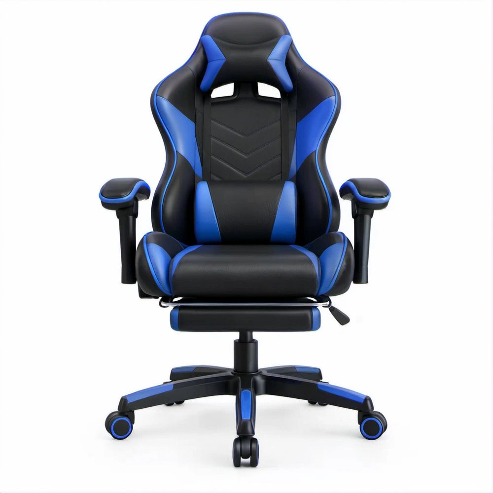 Cadeira Gaming Ergonómica Reclinável Preta e Azul em Pele Sintética PU, 65 x 65 x 118-128 cm