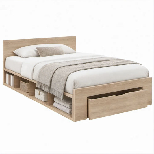 Cama de Casal com Arrumação Integrada em Carvalho Claro para Colchão 160 x 200 cm