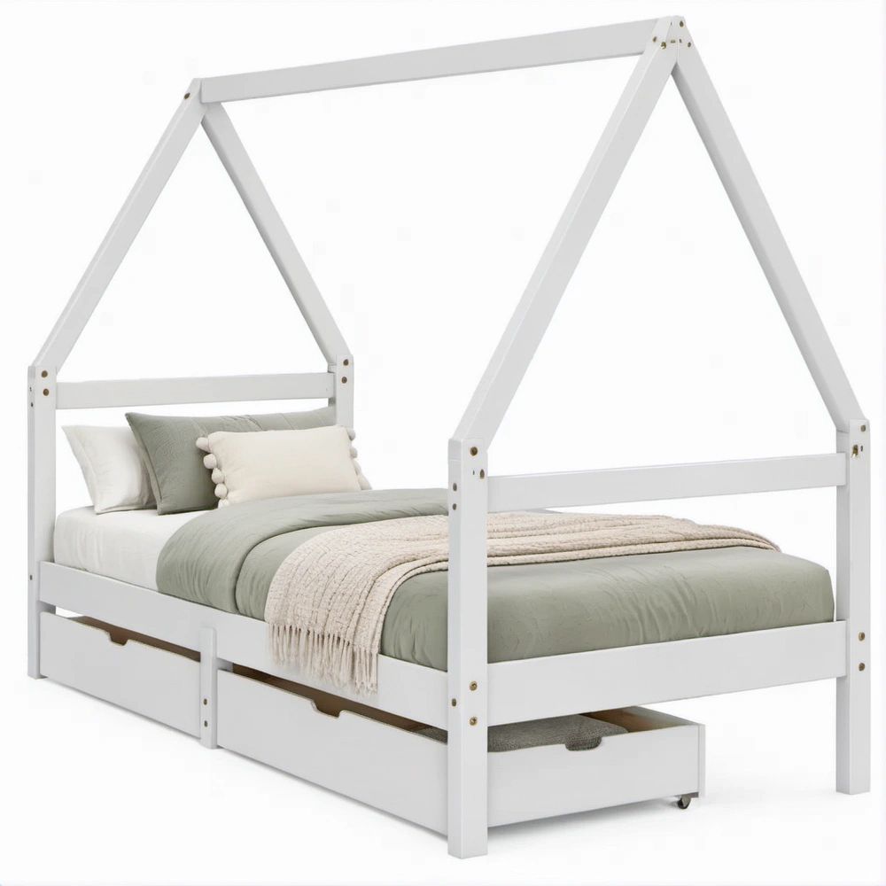 Cama Infantil Casa em Pinho Maciço Branca 90 x 190 cm com 2 Gavetas