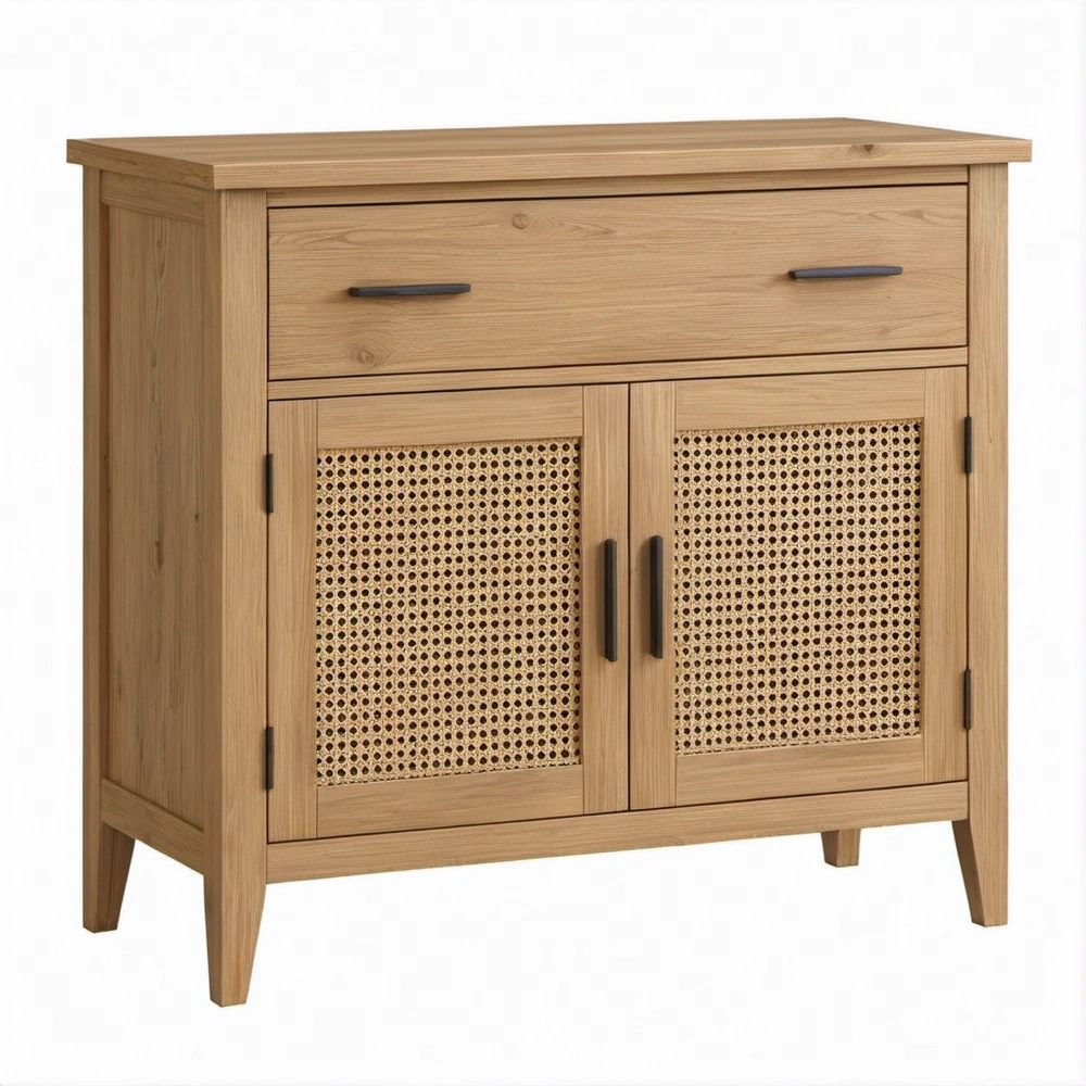 Aparador em Carvalho Natural com Portas em Rotim, 90 x 40 x 95 cm