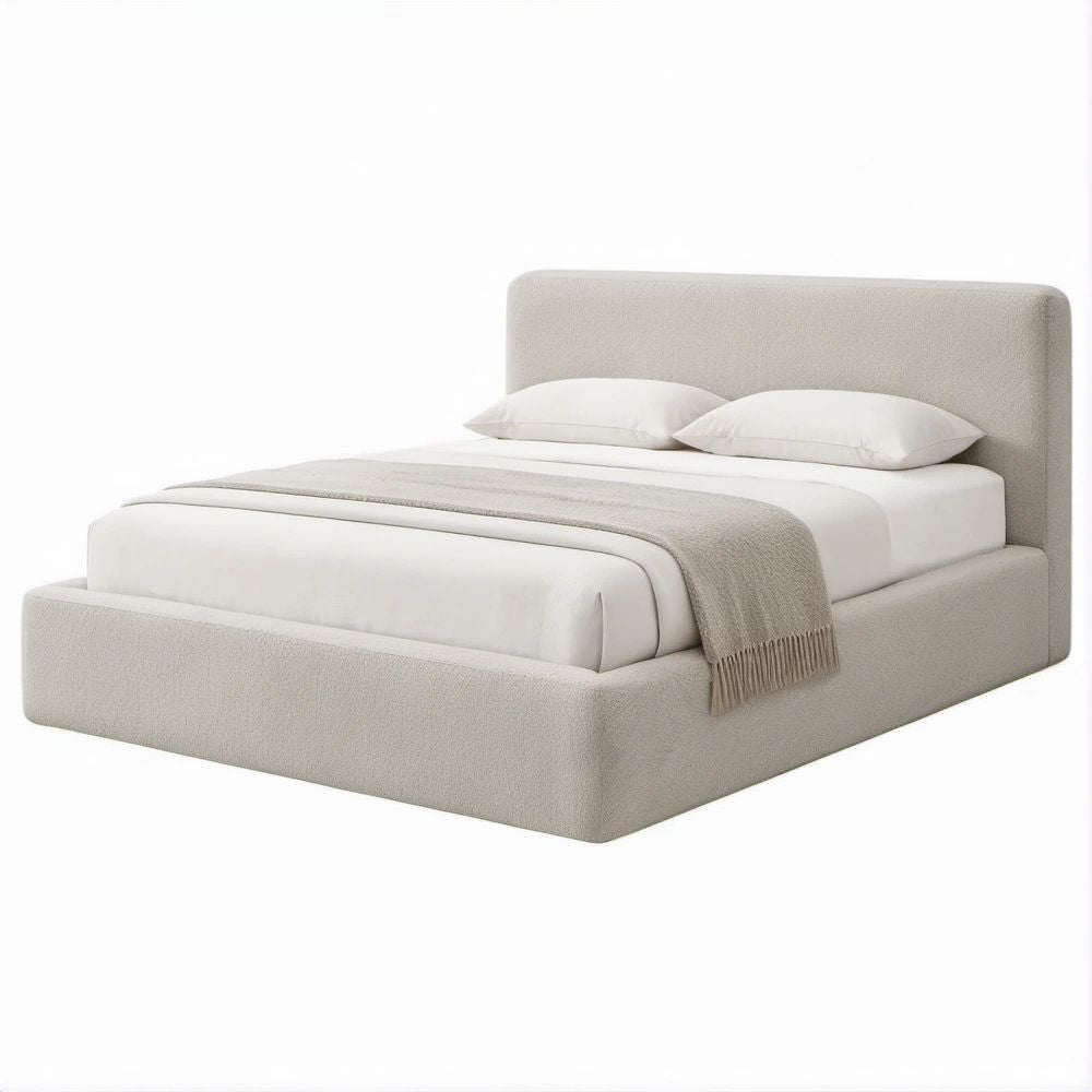 Cama de Casal Estofada Bege em Tecido Bouclé para Colchão 160 x 200 cm