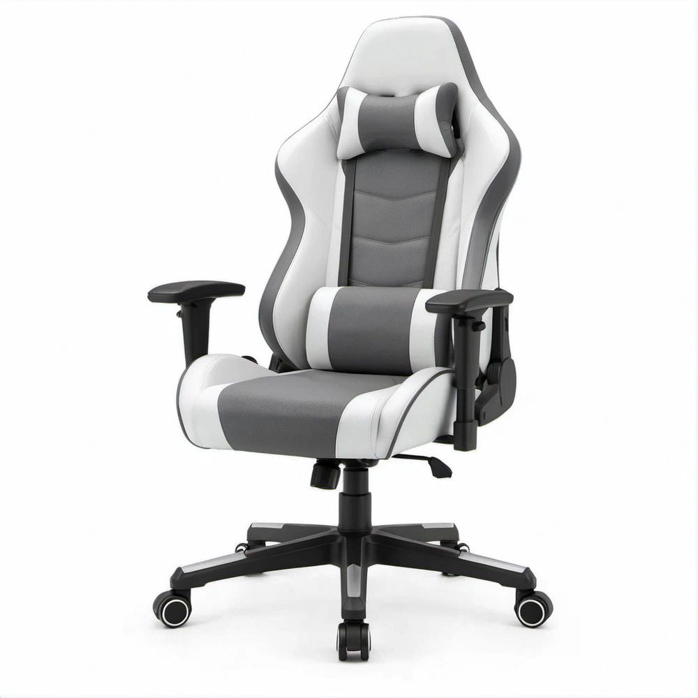 Cadeira para Jogos Ergonómica Reclinável Cinzenta e Branca em PU, 66 x 70 x 120-130 cm