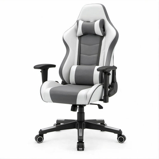 Cadeira para Jogos Ergonómica Reclinável Cinzenta e Branca em PU, 66 x 70 x 120-130 cm