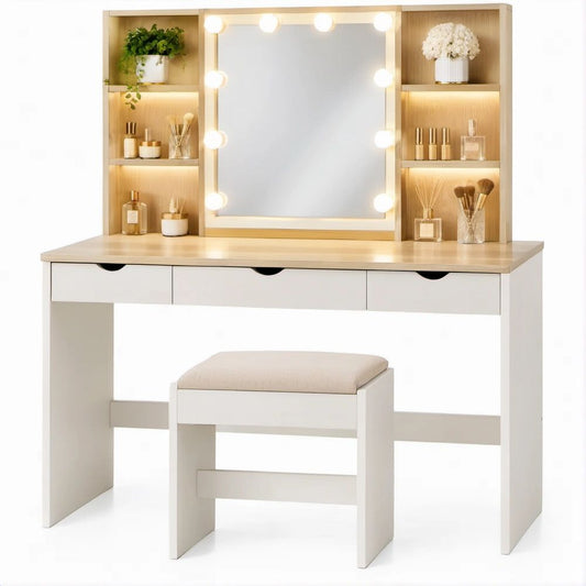Toucador Branco e Carvalho-Claro com Espelho LED, 3 Gavetas, 6 Nichos e Banco Bege, 120 x 40 x 140 cm