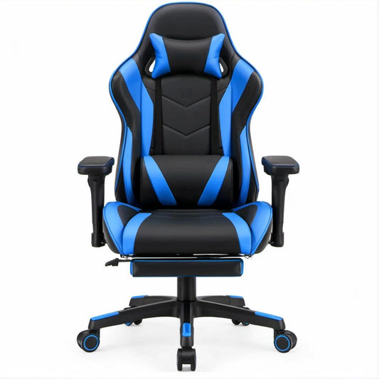 Cadeira Gaming Reclinável Preta e Azul em Pele Sintética PU com Apoio para Pés, 66 x 66 x 118-128 cm