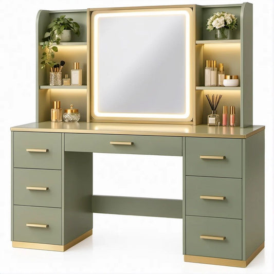 Toucador Verde e Dourado em MDF com Espelho LED, 7 Gavetas e Prateleiras, 140 x 45 x 160 cm