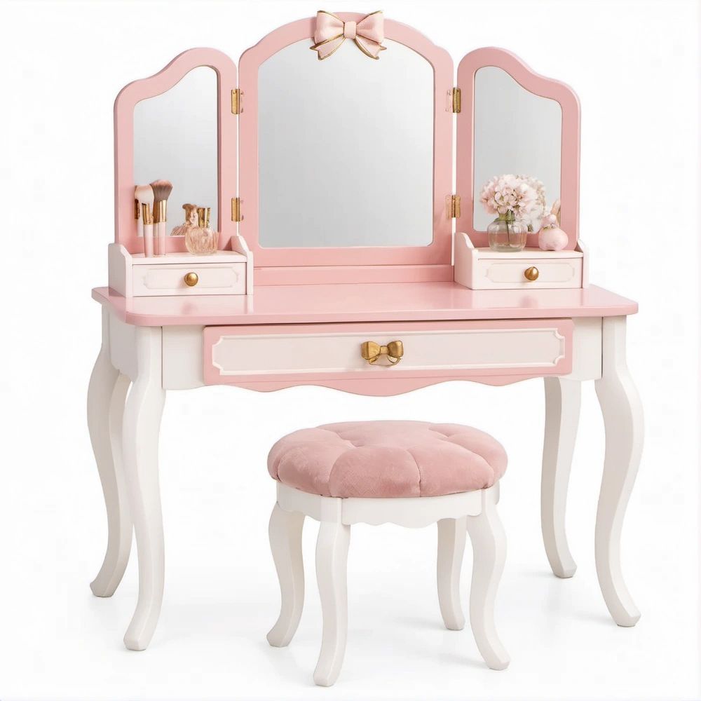 Toucador Infantil Rosa e Branco com Espelho Triplo, Gavetas e Banco, 80 x 40 x 120 cm
