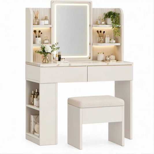 Toucador Branco e Creme em MDF 80 x 40 x 145 cm com Espelho LED, Prateleiras, Gavetas e Banco