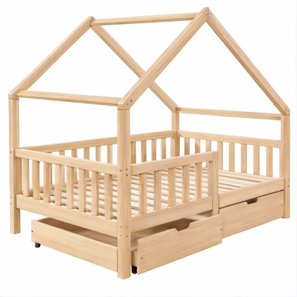 Cama Infantil em Forma de Casa em Pinho Maciço Natural 90 x 200 cm com Grades e 2 Gavetas