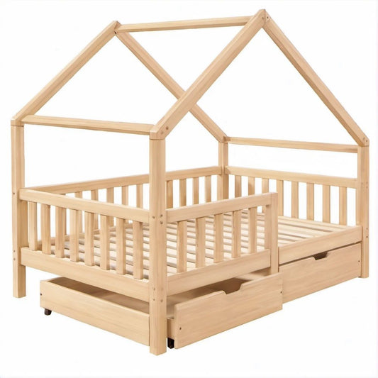Cama Infantil em Forma de Casa em Pinho Maciço Natural 90 x 200 cm com Grades e 2 Gavetas