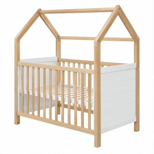 Cama de Bebé em Forma de Casa em Pinho Maciço e MDF Natural e Branco 60 x 120 cm