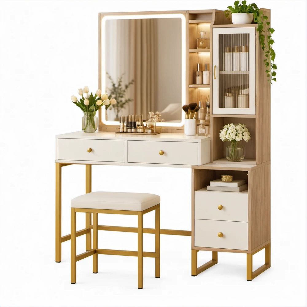 Mesa de Maquilhagem com Espelho LED, Módulo de Arrumação e Banco 120 x 45 x 150 cm Branco, Carvalho-Claro e Dourado
