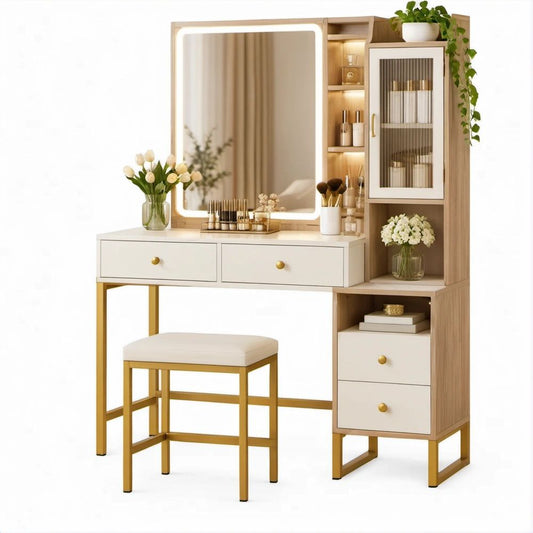 Mesa de Maquilhagem com Espelho LED, Módulo de Arrumação e Banco 120 x 45 x 150 cm Branco, Carvalho-Claro e Dourado
