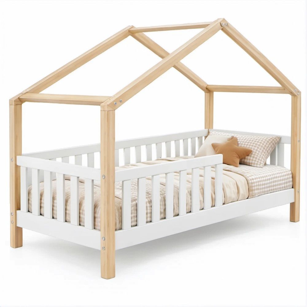 Cama Infantil Montessori em Forma de Casa Branca e Madeira Natural 140 x 70 cm