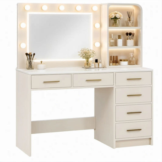 Toucador Branco com Espelho LED, 6 Gavetas e Nichos, 120 x 40 x 140 cm