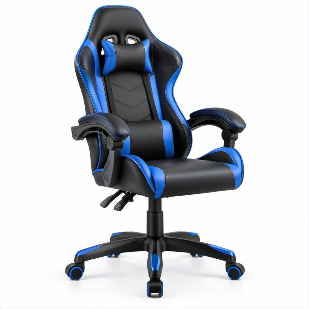 Cadeira de Gaming Ergonómica Reclinável Preta e Azul em Couro Sintético PU, 68 x 68 x 122-132 cm