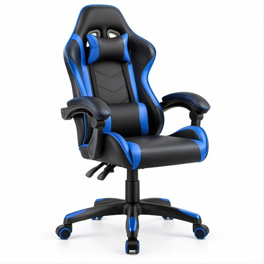 Cadeira de Gaming Ergonómica Reclinável Preta e Azul em Couro Sintético PU, 68 x 68 x 122-132 cm