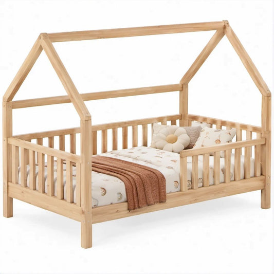 Cama Infantil em Forma de Casa em Pinho Maciço Natural, 90 x 200 cm