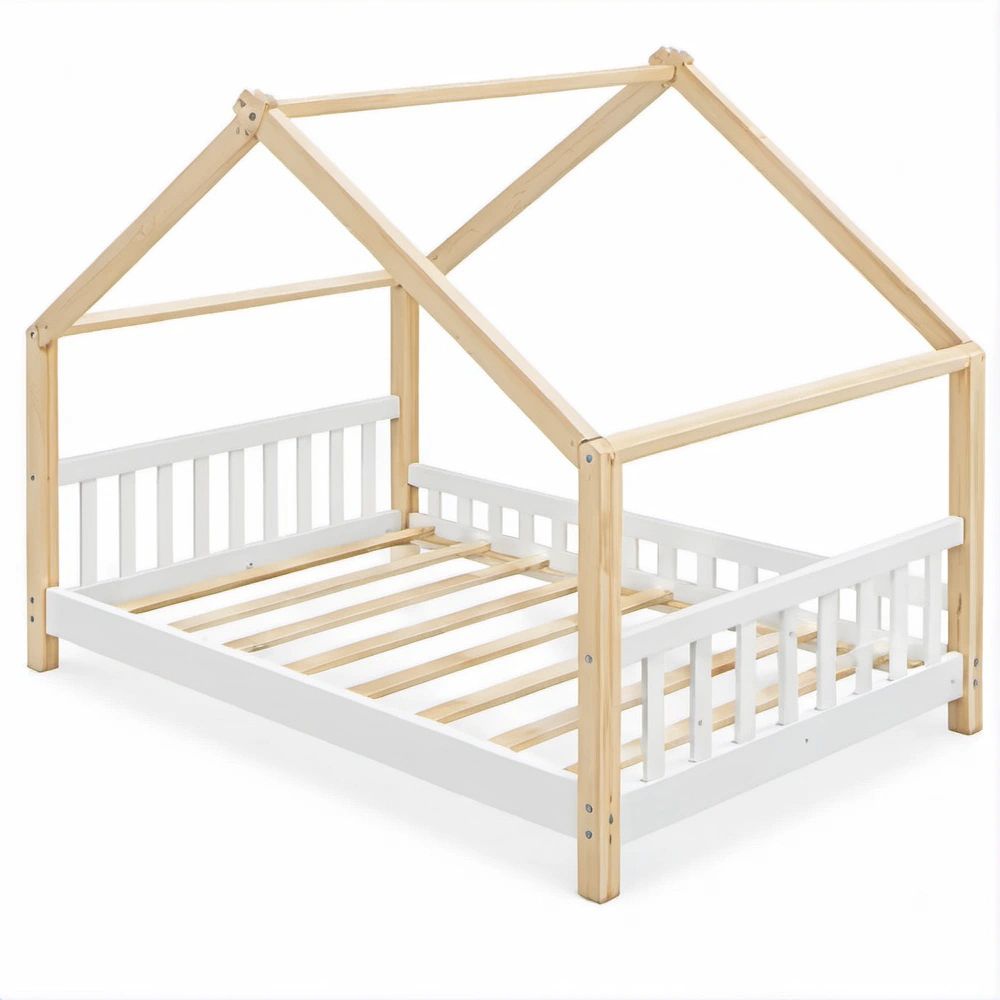 Cama Infantil em Forma de Casa em Pinho Maciço Natural e Branco, 90 x 200 cm