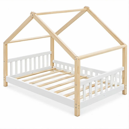 Cama Infantil em Forma de Casa em Pinho Maciço Natural e Branco, 90 x 200 cm