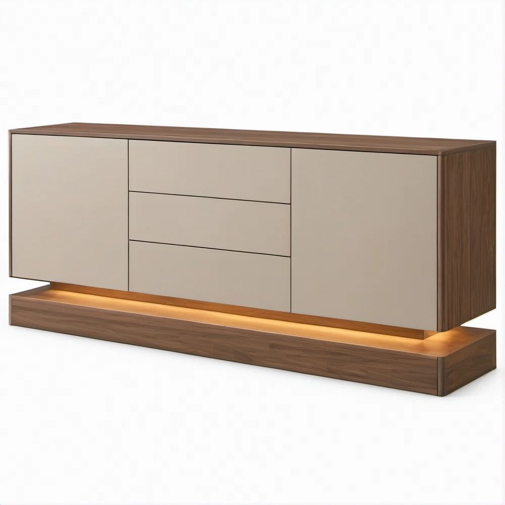Aparador Contemporâneo com 2 Portas, 3 Gavetas e LED em Nogueira e Bege, 180 x 40 x 80 cm