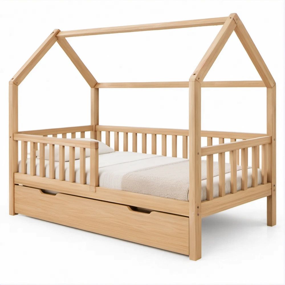 Cama Infantil em Forma de Casa em Pinho Natural com Gavetão, 90 x 190 cm