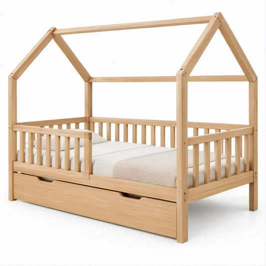 Cama Infantil em Forma de Casa em Pinho Natural com Gavetão, 90 x 190 cm